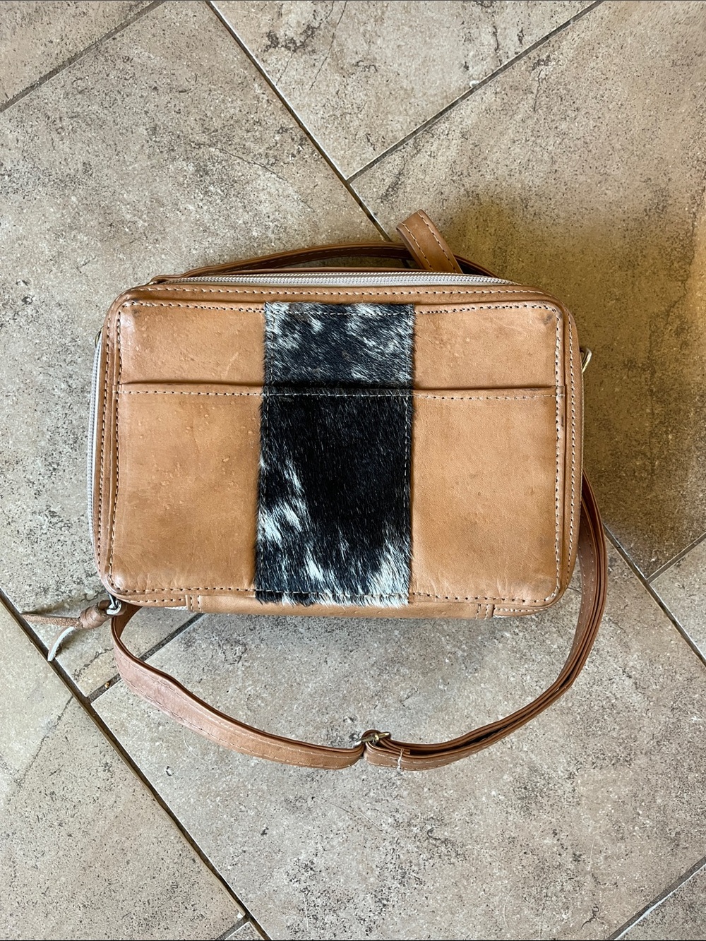 Jackson & Hyde Tan Leather Crossbody with Black & White Hair on Hyde Stripe